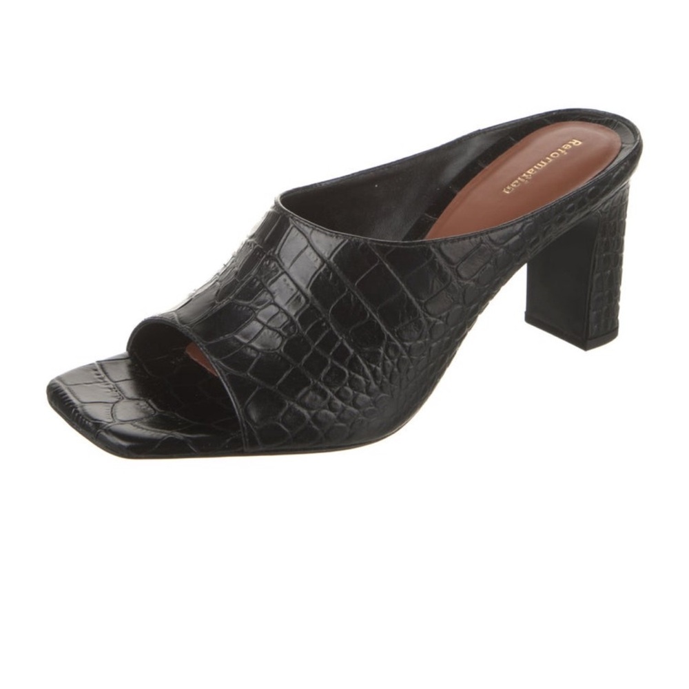 Reformation Luella Block Heel Mule Black Croc Embossed Leather Size 7 - Picture 3 of 8